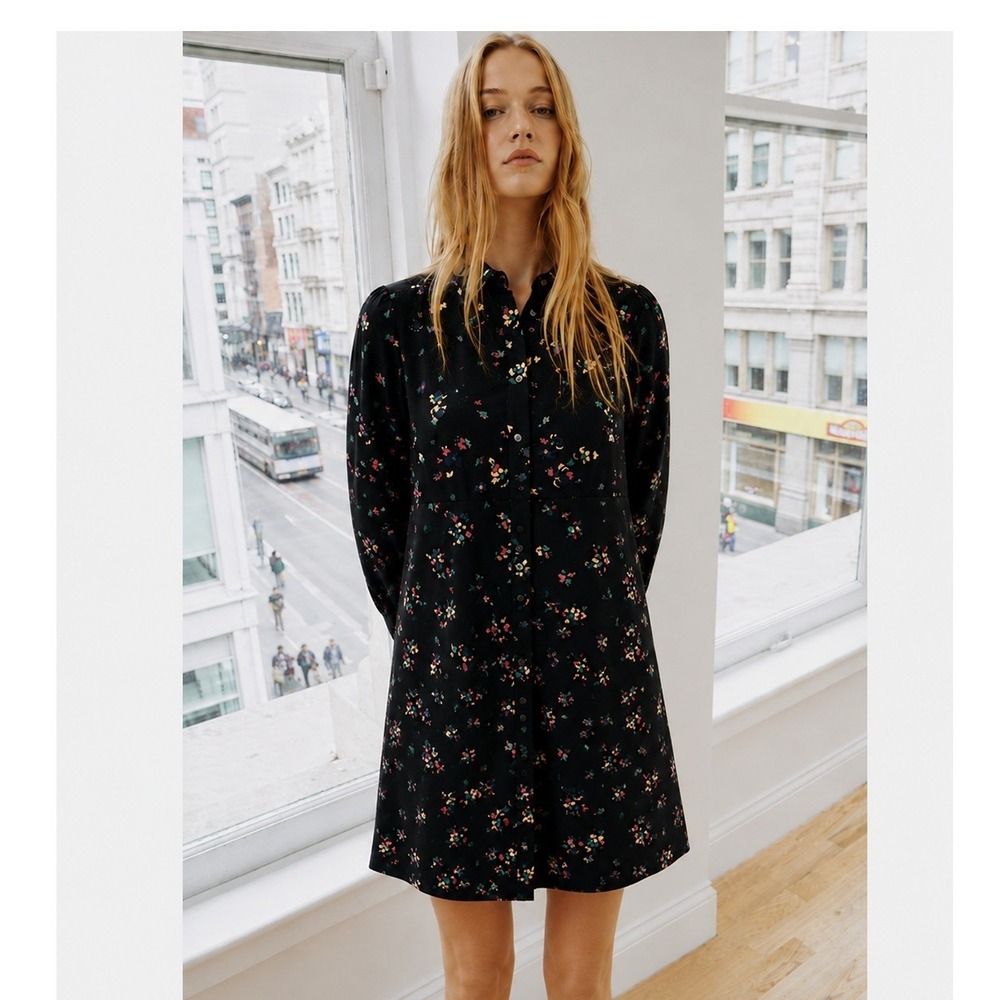 Sézane 100% Silk Black Floral Shirt Dress, Button Front, Discontinued, Sz XS